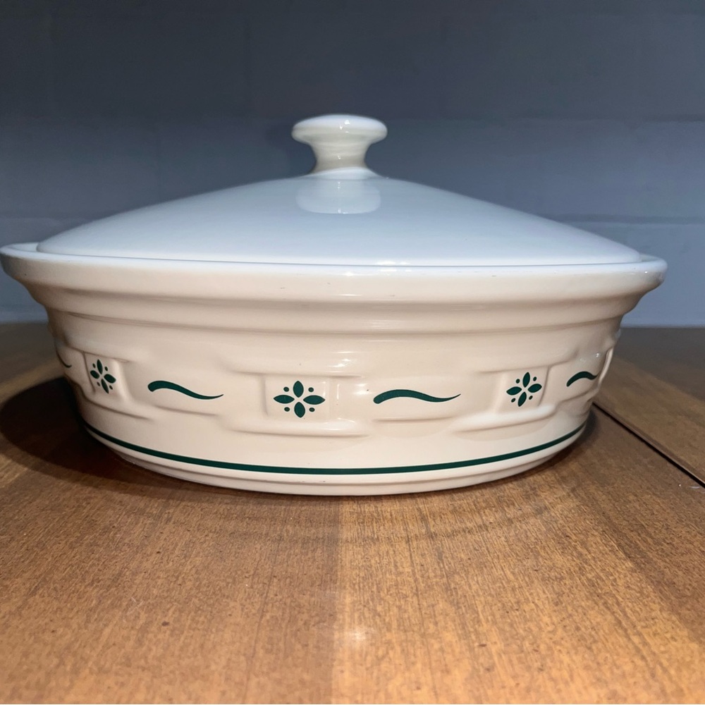 Longaberger Pottery Heritage Green Woven Traditions 8" x 2.5" Bowl with Lid